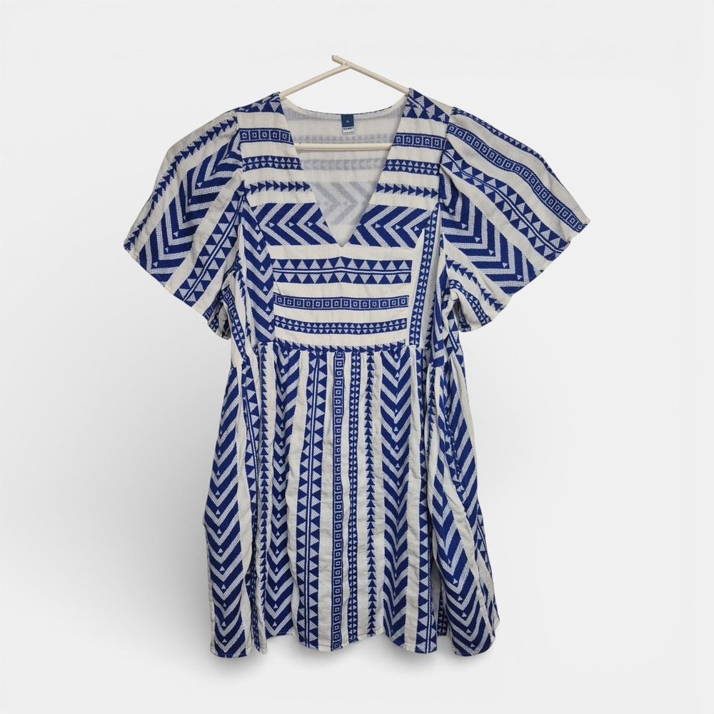 Old Navy XL Blue White Geometric Tribal V-Neck Flutter Sleeve Mini Dress Cotton - Picture 2 of 8